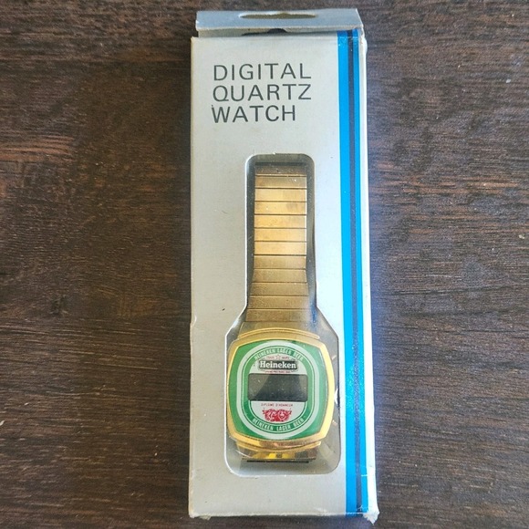 Vtg Heineken Beer Promo Digital Quartz Watch Gold Tone LCD Hong Kong - Picture 1 of 7
